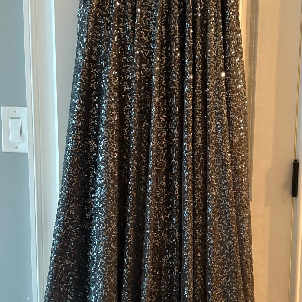 La Femme Charcoal Grey Sequin Strapless Evening Gown